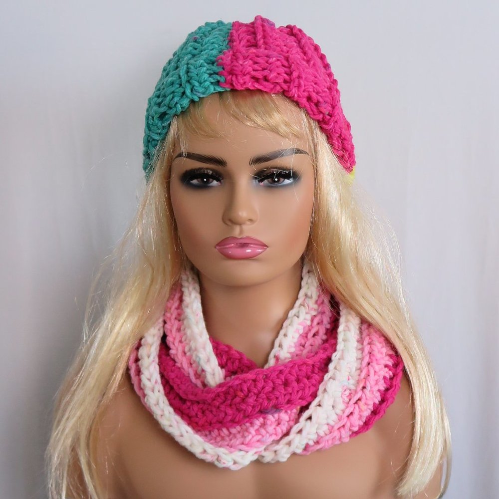 NEW Hand Crocheted Multi-Color Boho Beanie Snood Set